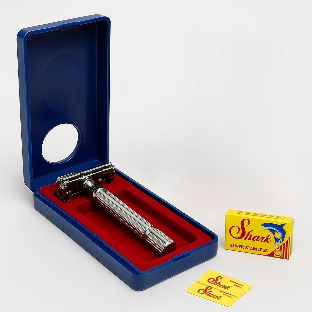 Shark super stainless steel razor in a blue case with packaging on a white background