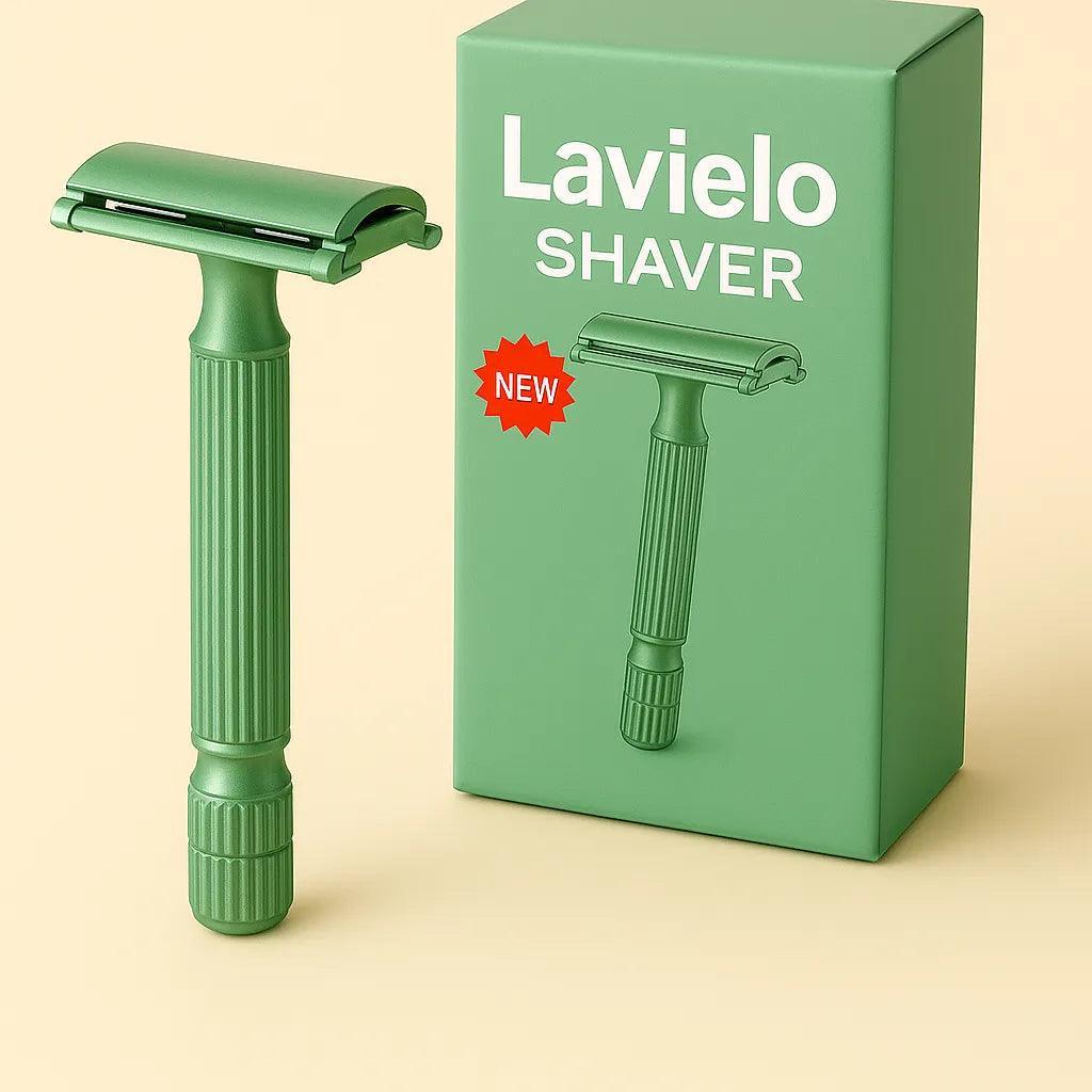 Green Lavielo shaver next to its packaging on a beige background