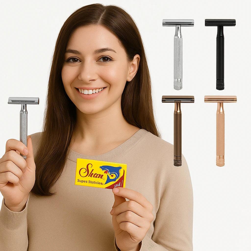 Woman holding a razor and a Shan brand card with multiple razors displayed on a white background