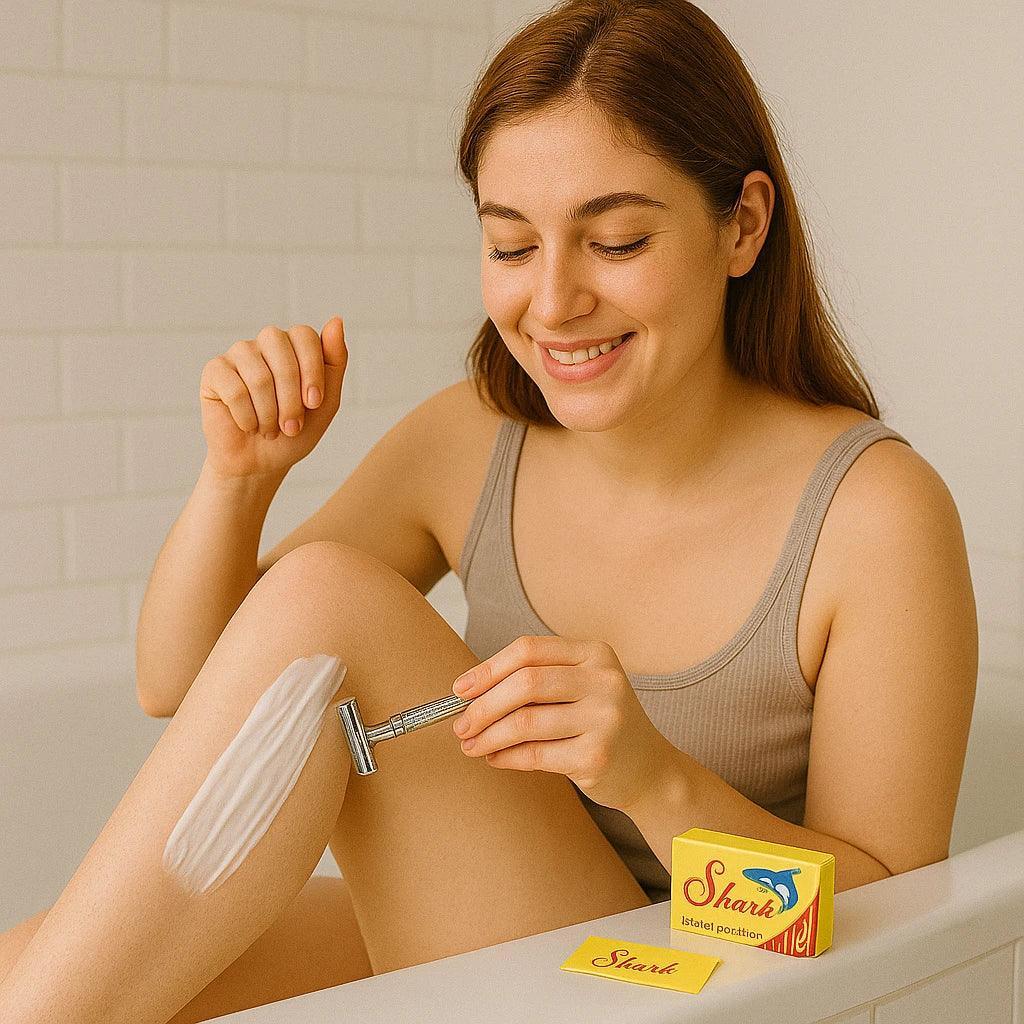 Woman shaving her leg with a razor and applying cream, with a box of 'Shark' products in the foreground.