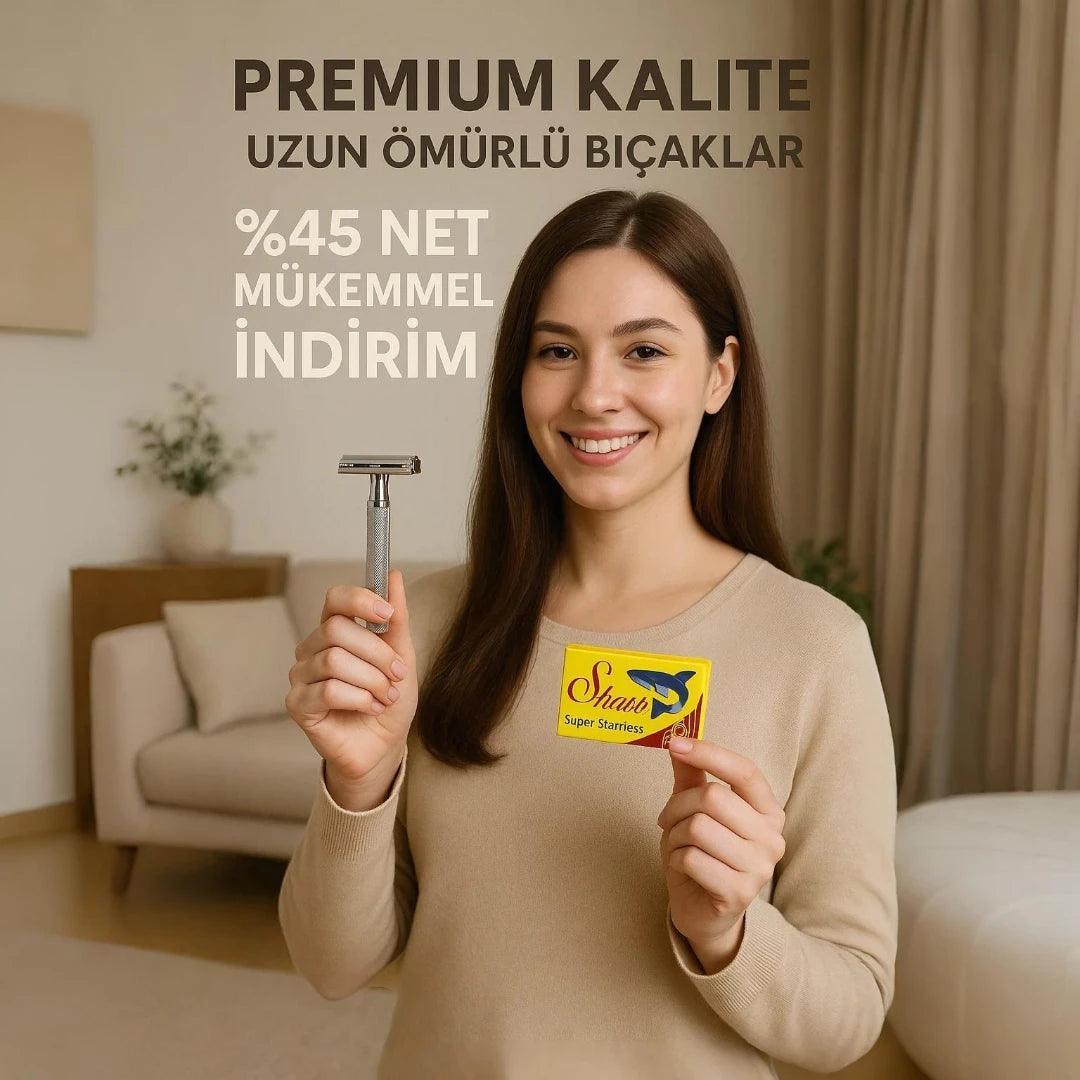 Woman holding a razor and a branded card in a living room setting with promotional text overlay.