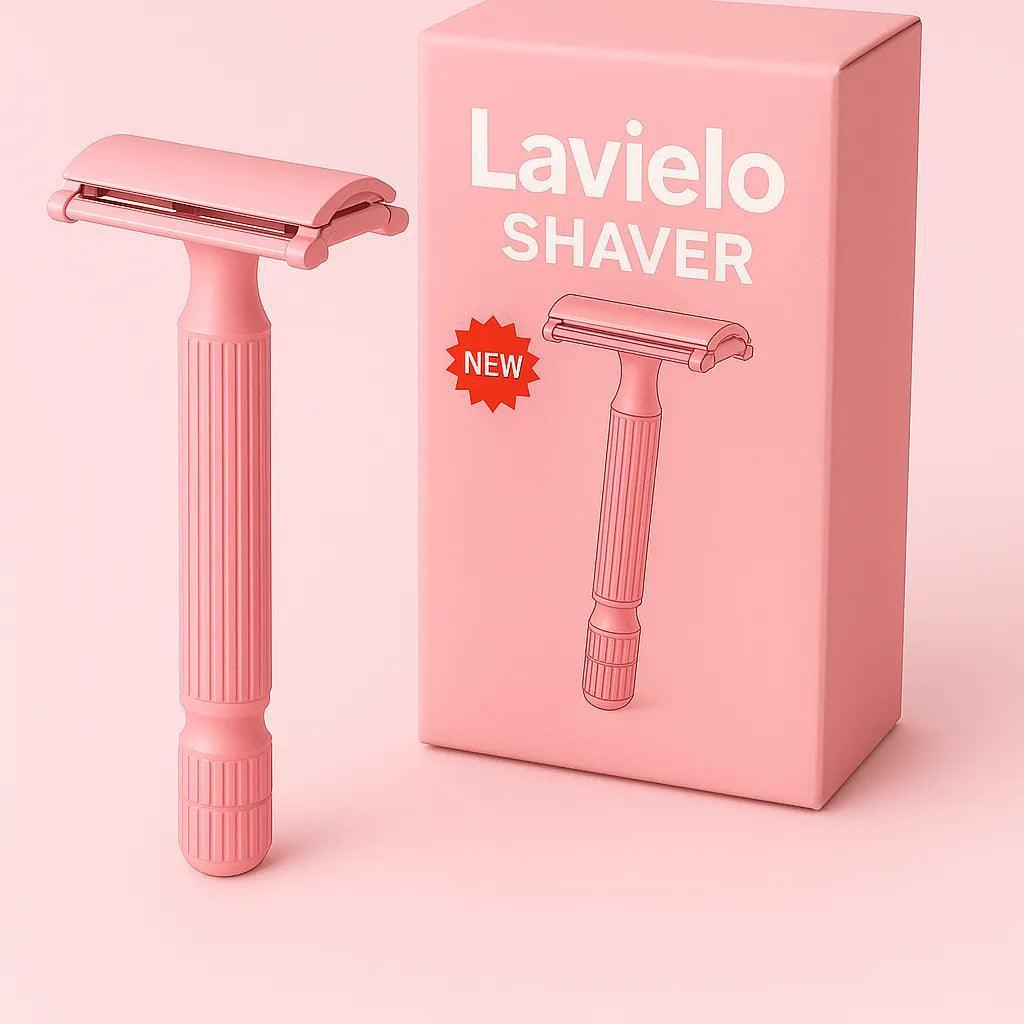 Pink Lavielo shaver with packaging on a pink background